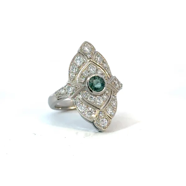 Teal Sapphire & Diamond Antique-Style Ring – Platinum