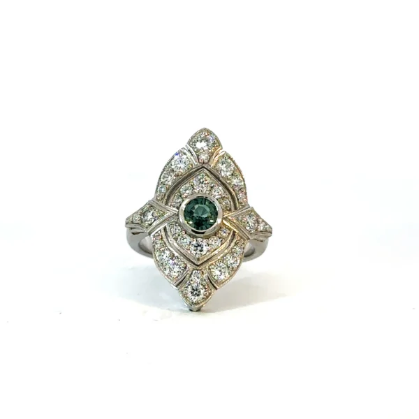 Teal Sapphire & Diamond Antique-Style Ring – Platinum
