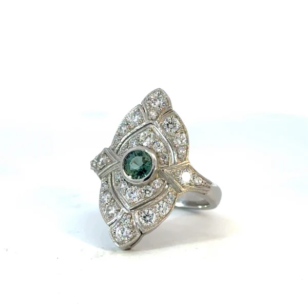 Teal Sapphire & Diamond Antique-Style Ring – Platinum