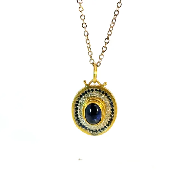 Tanzonite, Sapphire & Diamond Pendant – 24ct Gold & Silver
