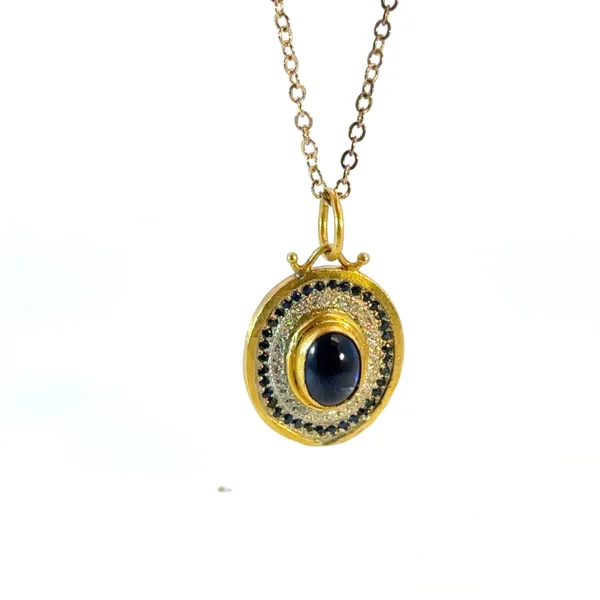 Tanzonite, Sapphire & Diamond Pendant – 24ct Gold & Silver